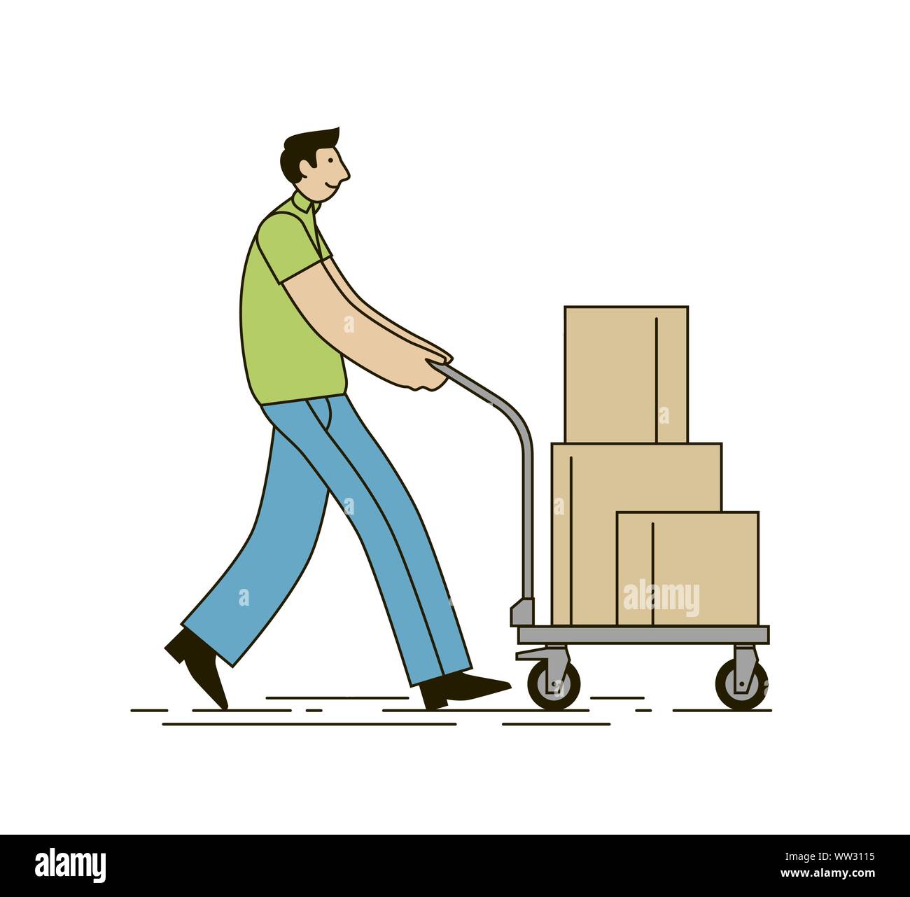 Shopper with shopping cart full of boxes. Vector illustration in linear style Stock Vector