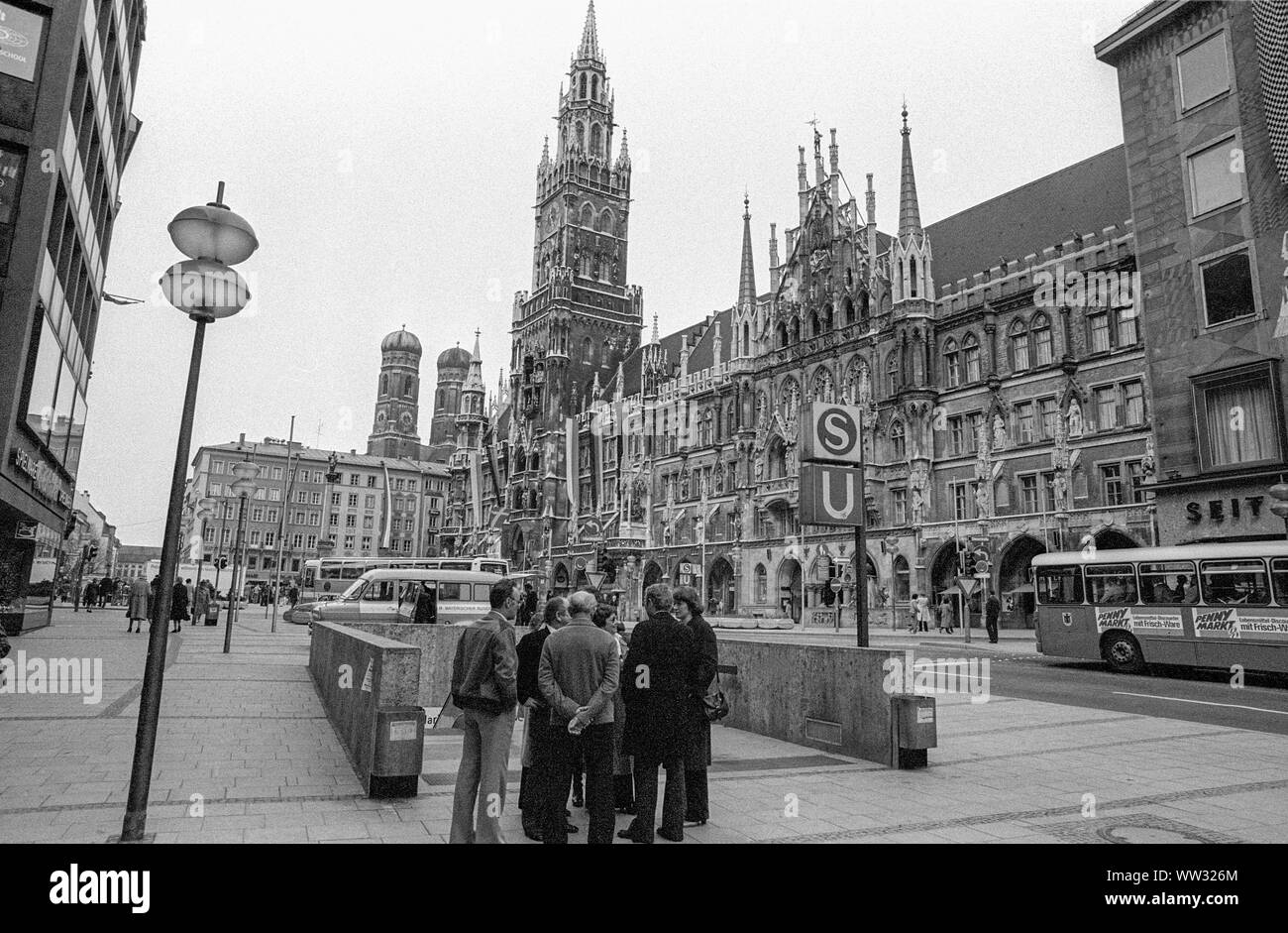 MUNICH BAVARIA Germany  The new Town Hall at Marienplatz and with Frauenkirche in background in the inner city Stock Photo
