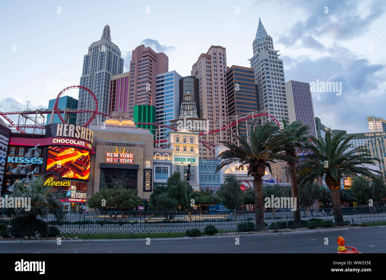 New York New York hotel and casino in Las Vegas Strip at sunset, with famous replica buildings Stock Photo