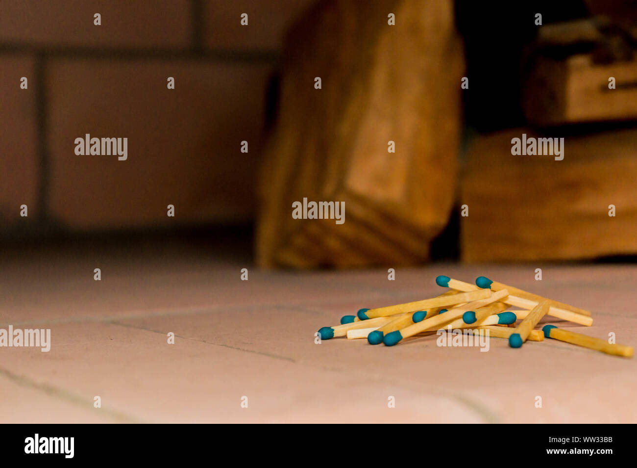 Firewood and coal on a grill to make fire. With matches and a clamp