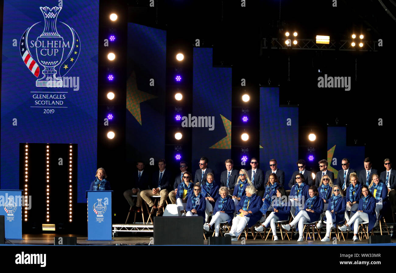 Team Europe captain Catriona Matthew (left) alongside Team Europe players, caddies and assistant captains on stage during the opening ceremony for the 2019 Solheim Cup at Gleneagles Golf Club, Auchterarder. Stock Photo