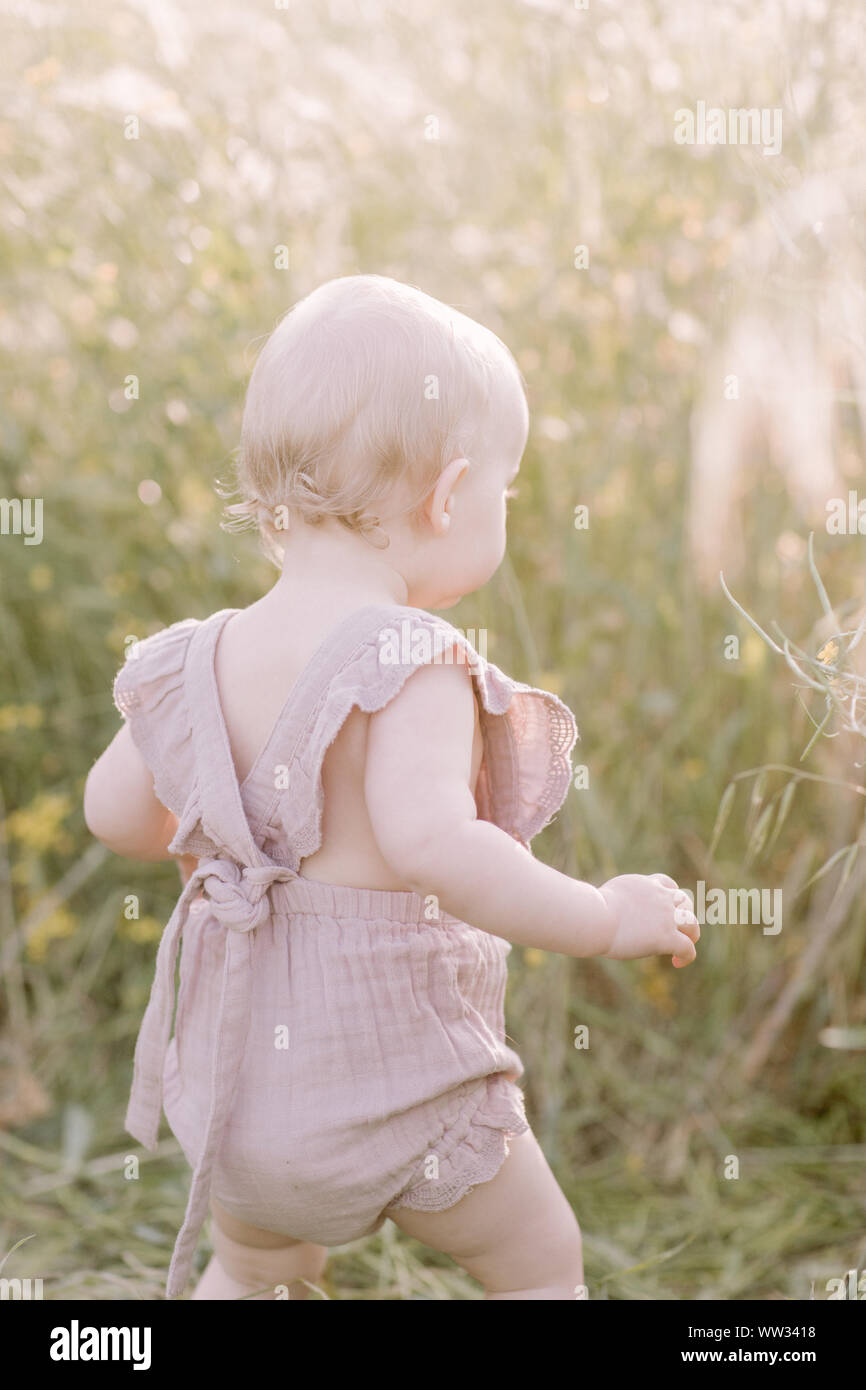 Baby Toddler Girl Walking in Field in Golden Hour Stock Photo