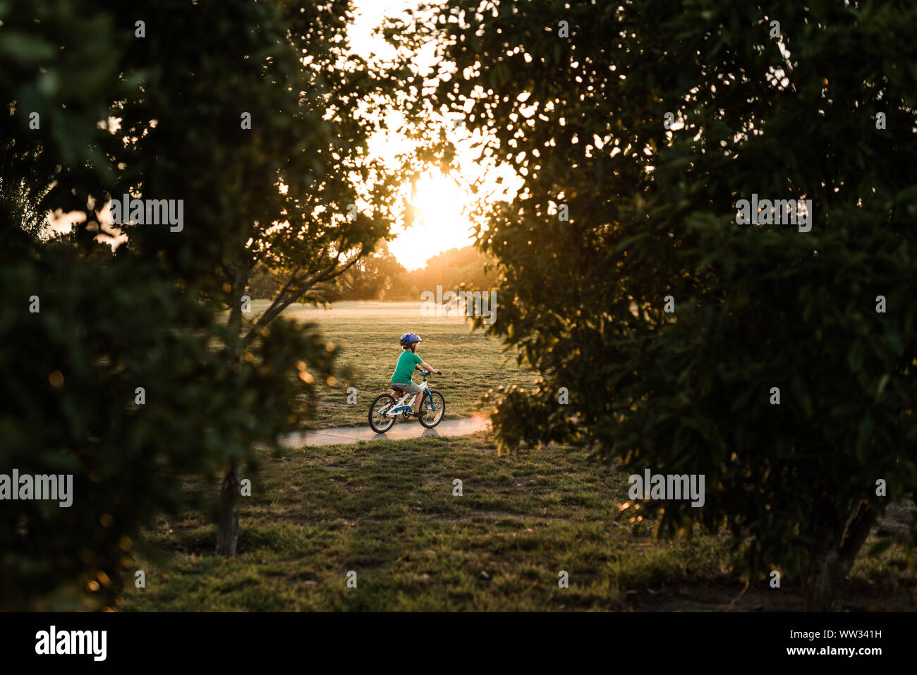 Preschooler riding a bicycle on sidewalk at sunset Stock Photo