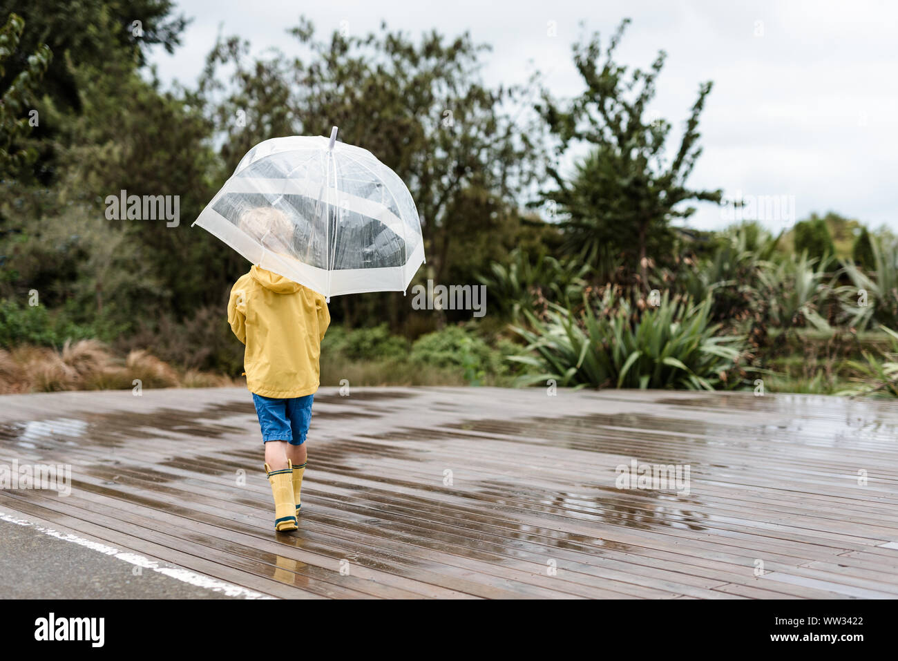 Child in yellow rain jacket holding an umbrella Stock Photo