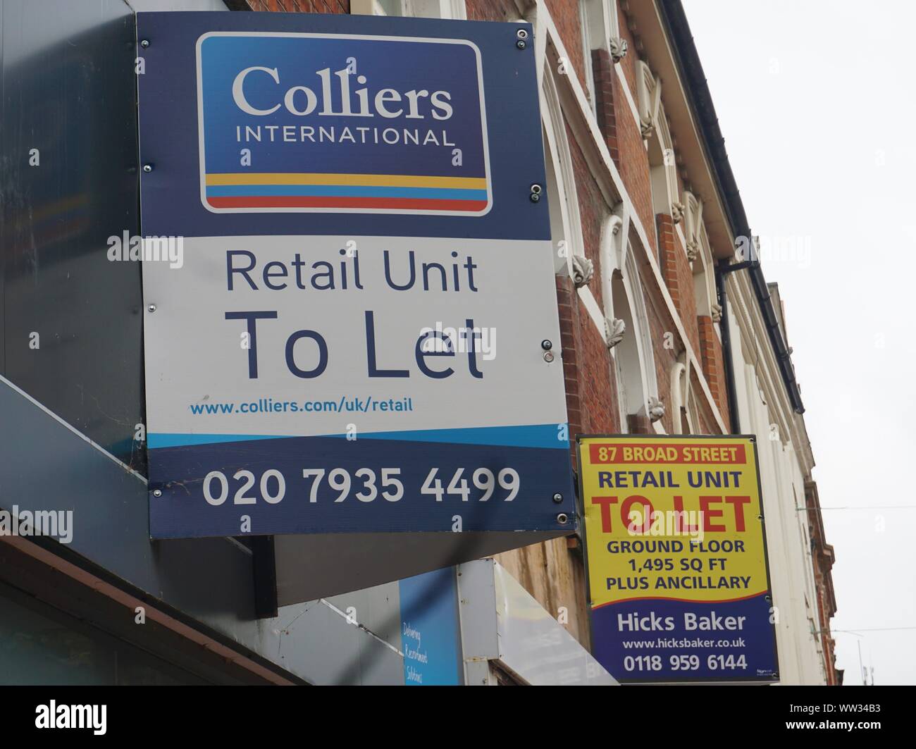 To Let signs of letting agents at retail units in Broad Street, Reading, UK Stock Photo