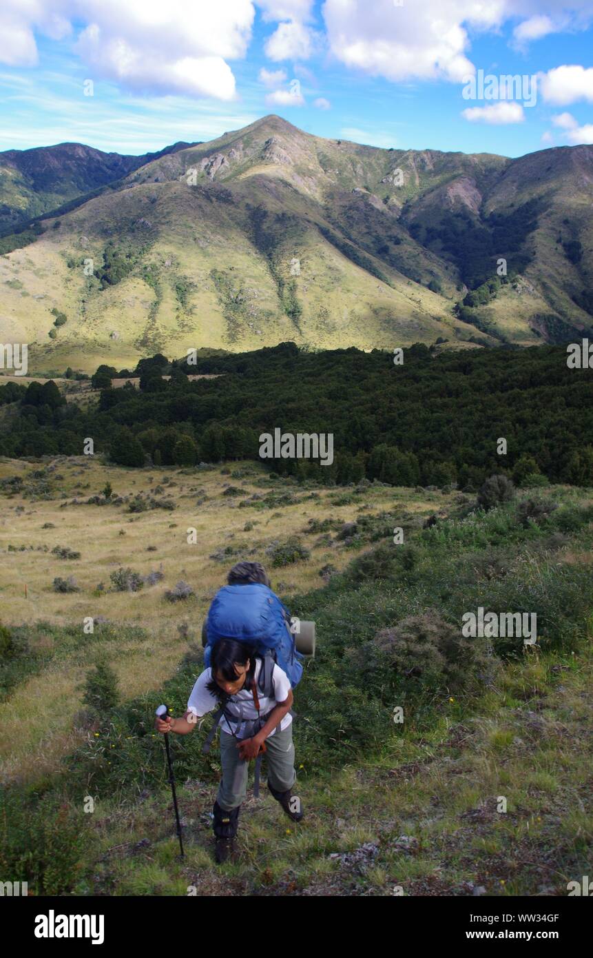 Female Thai backpacker. Te Araroa Trail. Takitimu Track. Southland
