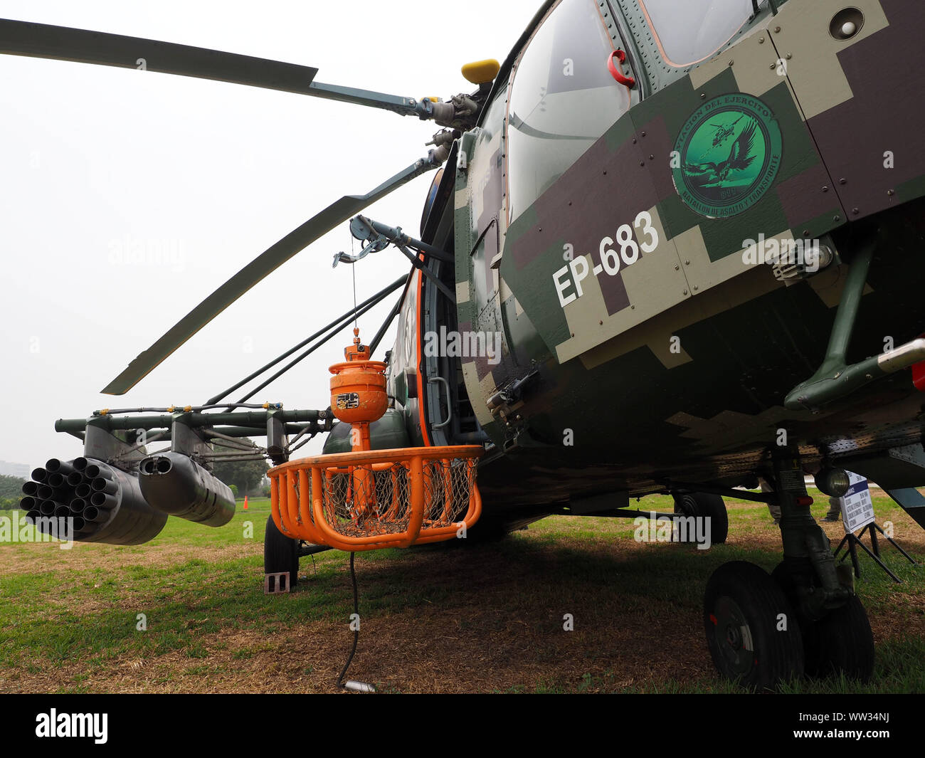 The Mil Mi-171Sh-P armed helicopter of the Peruvian Army displayed at the 7th edition of the International Defense Technology Exhibition, SITDEF, 2019, in the Headquarters of the Peruvian Army. The event is held from May 16th to 19th with the presence of representatives from 28 countries. Stock Photo