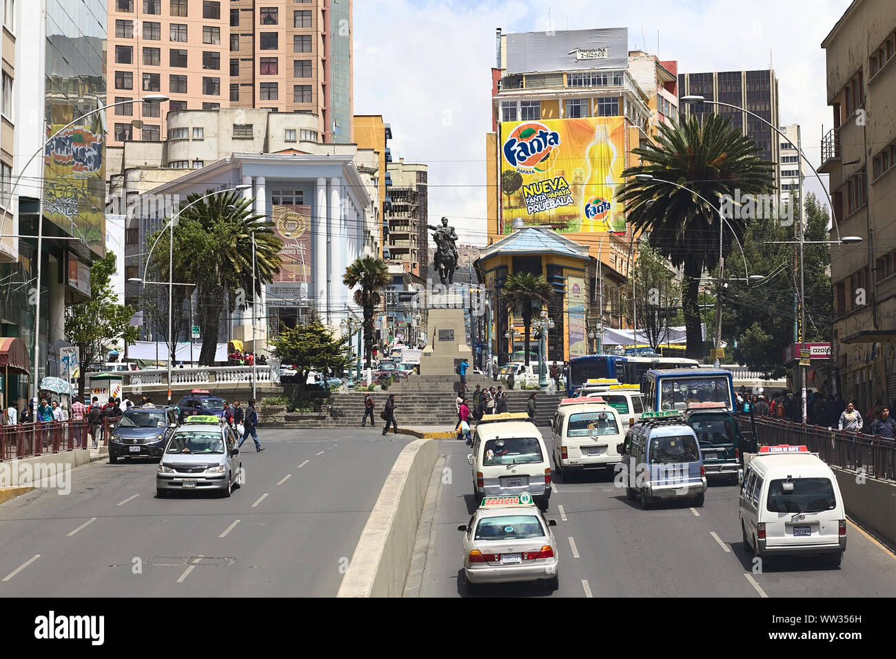 LA PAZ, BOLIVIA - NOVEMBER 28, 2014: Villazon Avenue leading to the statue of Mariscal Sucre standing on Plaza del Estudiante (Student's Square) Stock Photo