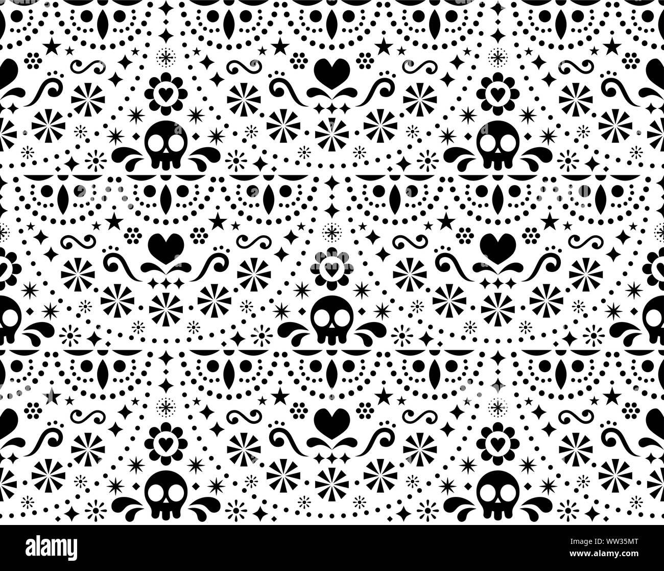 Mexican folk art vector seamless pattern with skulls, Halloween decor, flowers and abstract shapes, black and white textile design Stock Vector