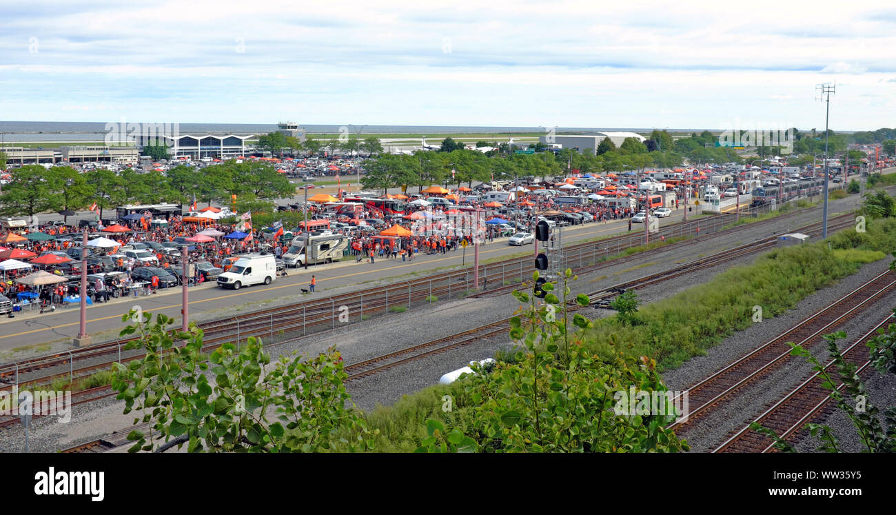 Cleveland Browns fans tailgate in the Muni Lot along the Lake Erie lakefront in Cleveland, Ohio, USA before its 2019 home opener. Stock Photo