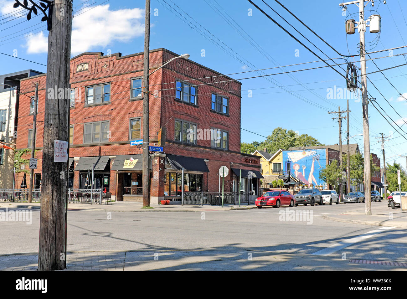 The corner of Literary and Professor Roads is in the heart of the Tremont neighborhood, a gentrified area near downtown Cleveland, Ohio, USA. Stock Photo