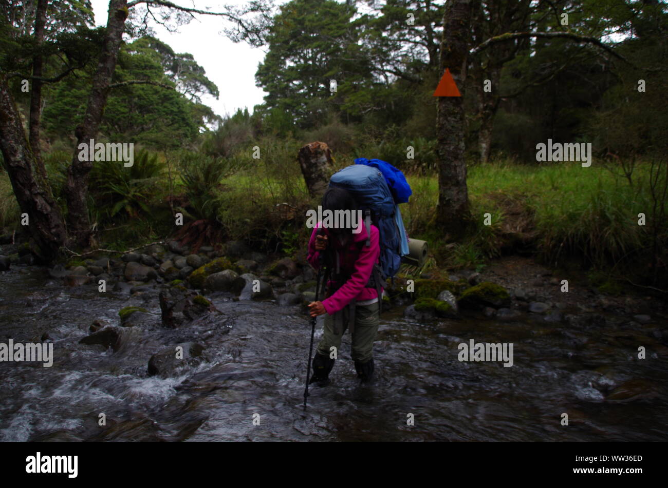 Female Thai backpacker. Te Araroa Trail. Takitimu Track. Southland