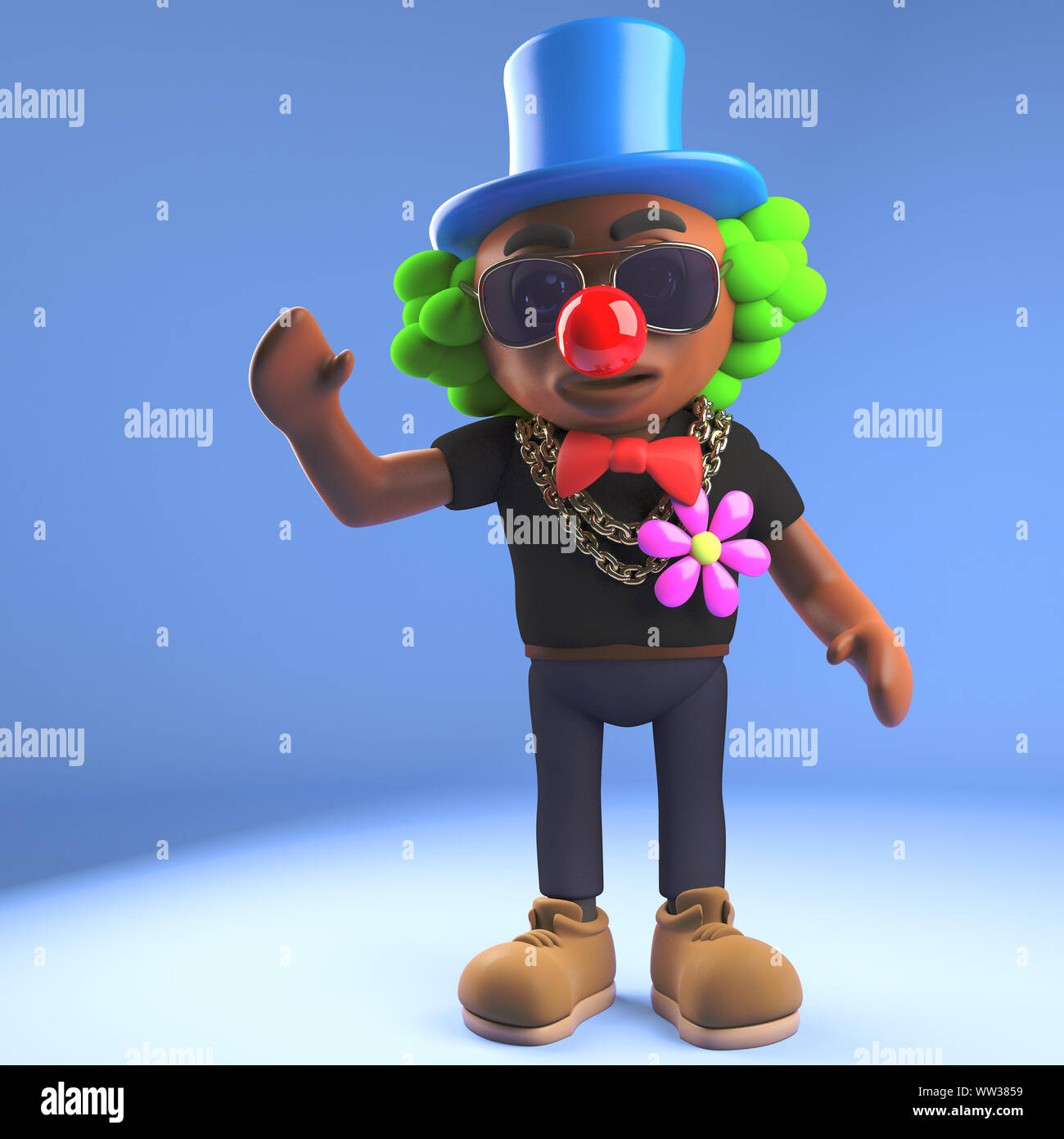 Funny black hiphop rapper dressed as a clown in wig and red nose, 3d ...