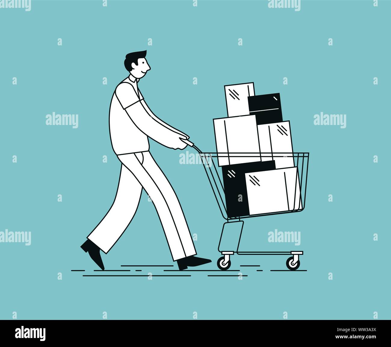 Shopper pushing a shopping cart. Vector illustration in linear style Stock Vector