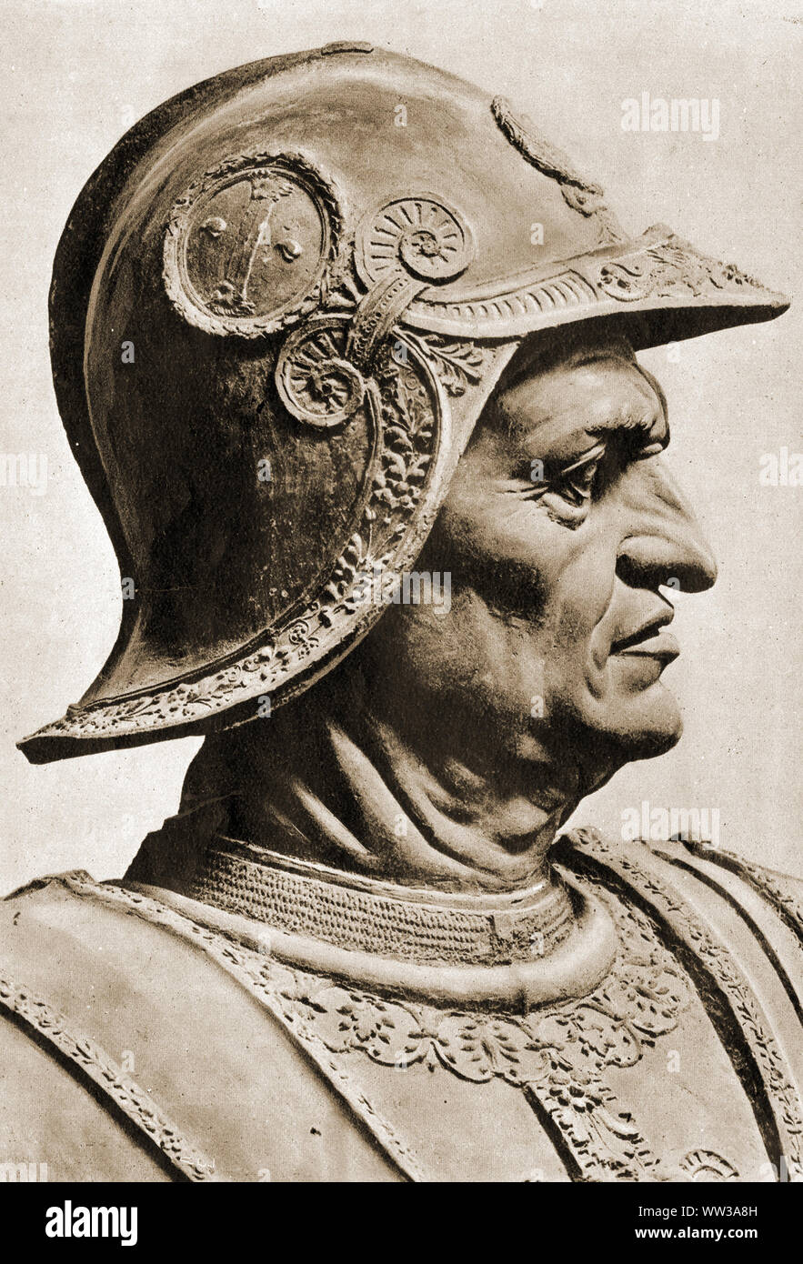 A portrait of Bartolommeo  / Bartolomeo Colleoni (1400-1475). His Equestrian statue in Venice is rated  the second major equestrian statue of the Italian Renaissance and stands in the Campo Santi Giovanni e Paolo. A similar statue stands at Lotników Square, Szczecin, Poland Stock Photo