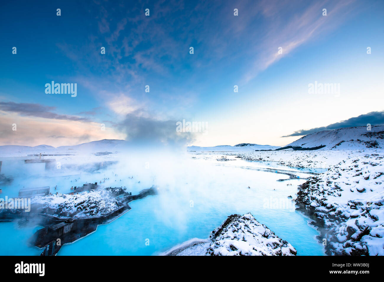Beautiful landscape and sunset near Blue lagoon hot spring spa in Iceland Stock Photo