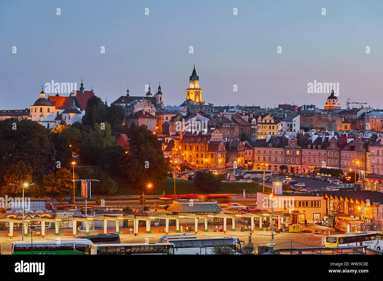 The Old Town of Lublin illuminated by lamp lights Stock Photo