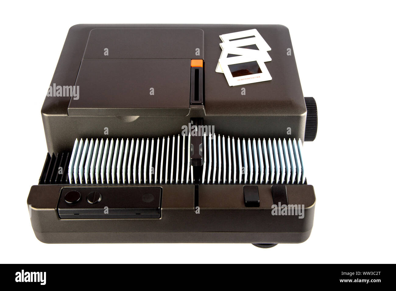 35mm slide projector with magazine and slides isolated on white Stock Photo Alamy