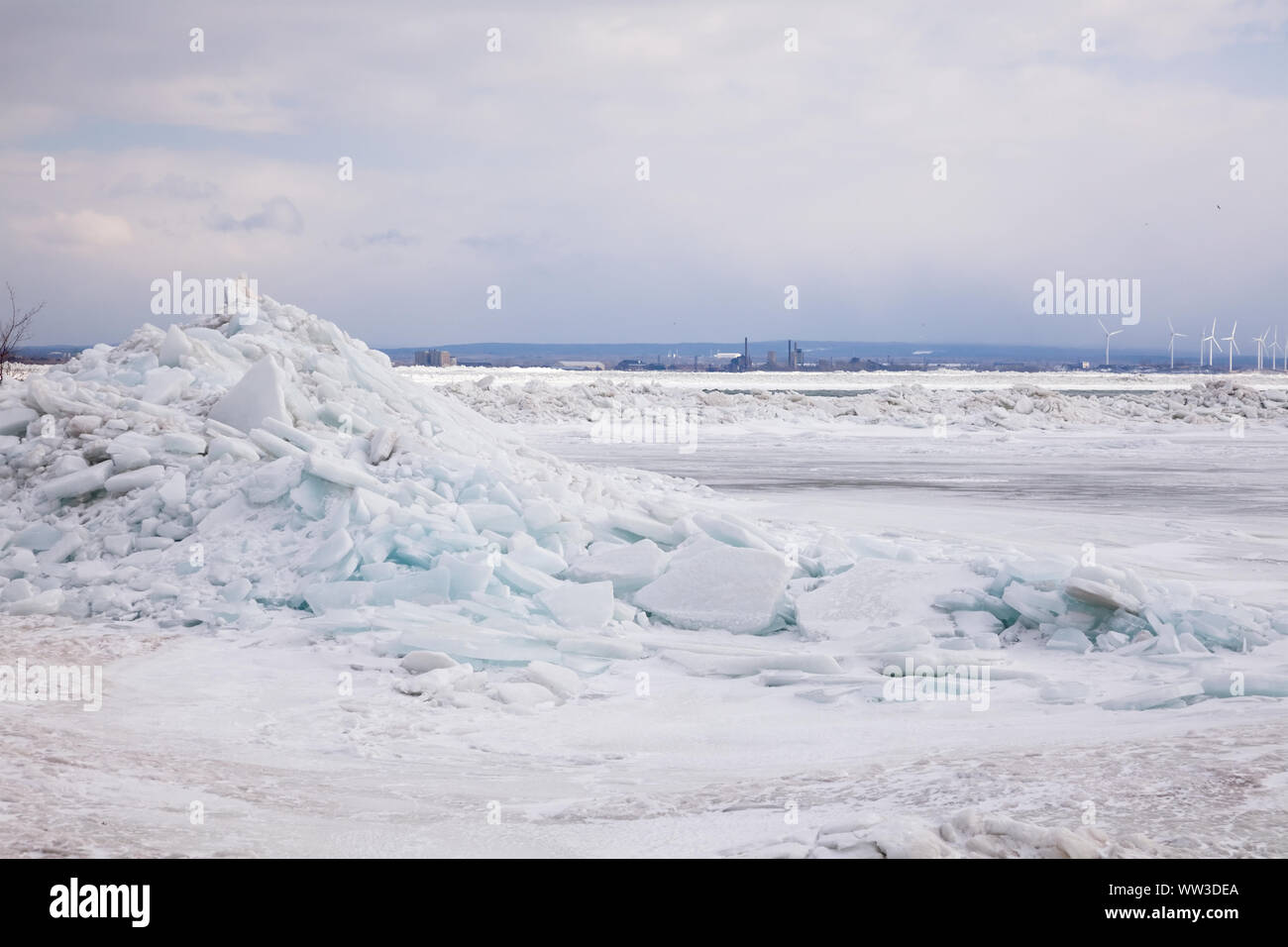 A large ice shove makes where Lake Erie meets the Niagara River in Fort Erie, Ontario, Canada. Stock Photo
