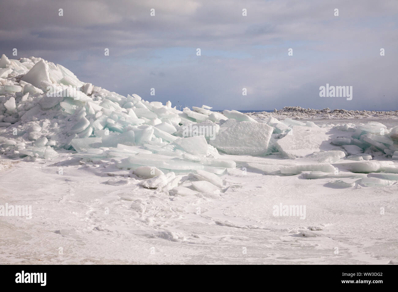 A large ice shove makes where Lake Erie meets the Niagara River in Fort Erie, Ontario, Canada. Stock Photo