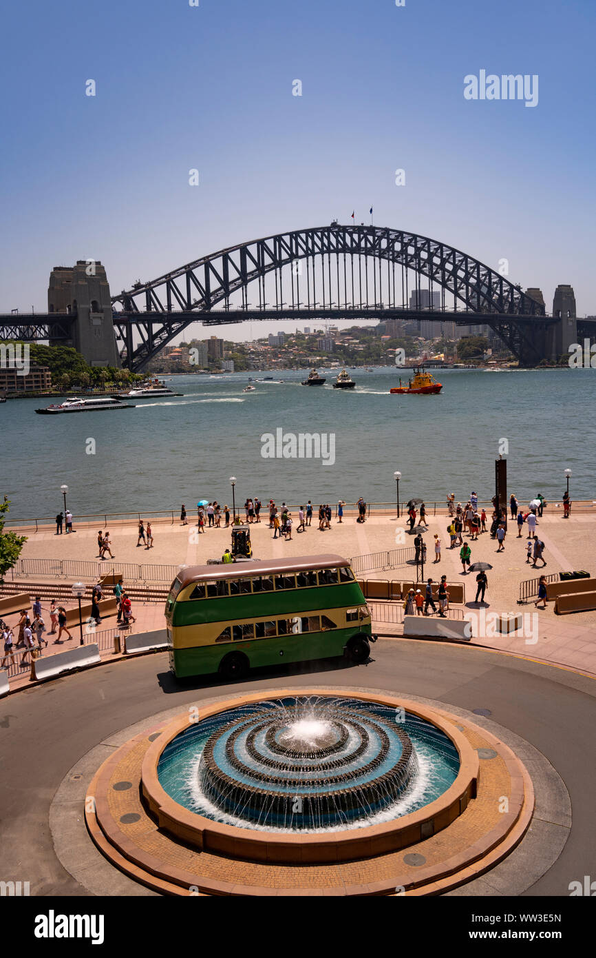 Sydney Harbour Bridge with Double Deck tour bus and fountain. Australia day 2019 Stock Photo