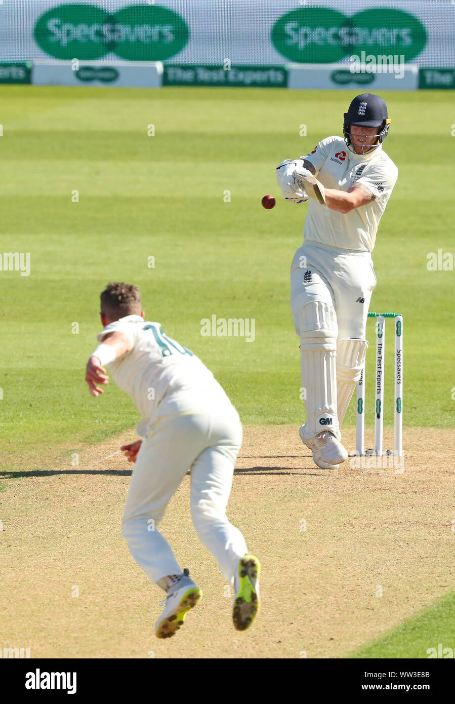 LONDON, ENGLAND. 12 SEPTEMBER 2019: Ben Stokes of England plays a shot off the bowling of Peter Siddle of Australia during day one of the 5th Specsavers Ashes Test Match, at The Kia Oval Cricket Ground, London, England. Stock Photo