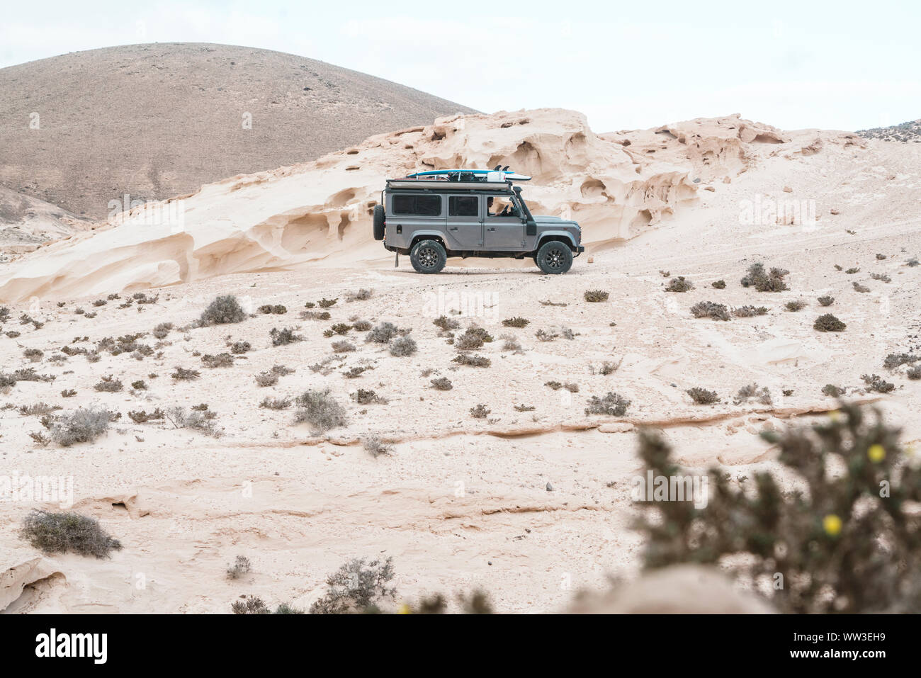 Overland adventure while driving a 4x4 in fuerteventura Stock Photo