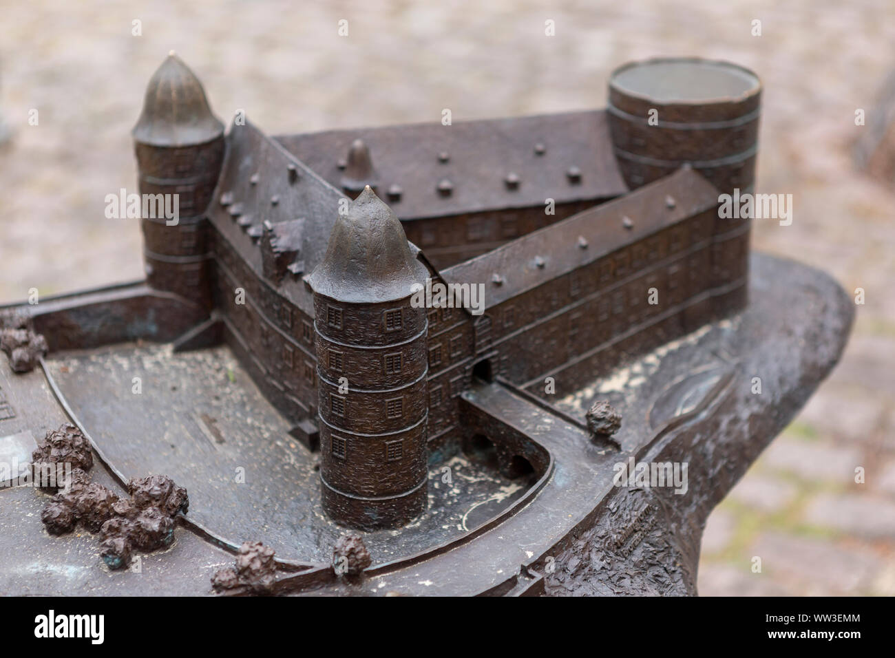 Bronze moulded maquette model of the triangle shaped castle and museum Wewelsburg Stock Photo