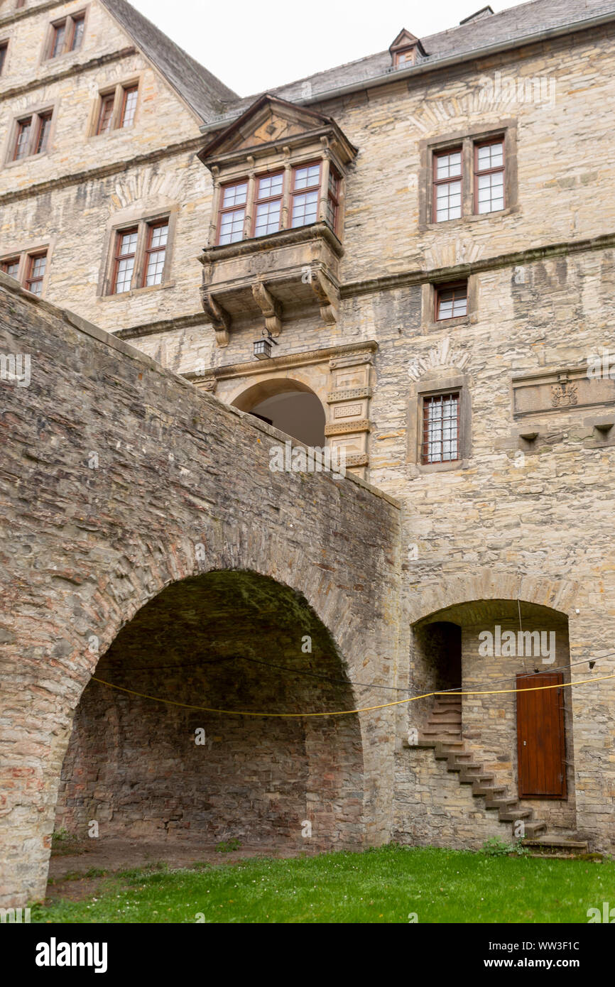 Architectural detail of the Wewelsburg castle with brick construction,  hidden staircase and door on the canal level Stock Photo