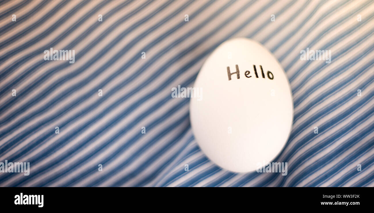 White chicken egg on a striped blue background. Inscription Hello on the shell Stock Photo