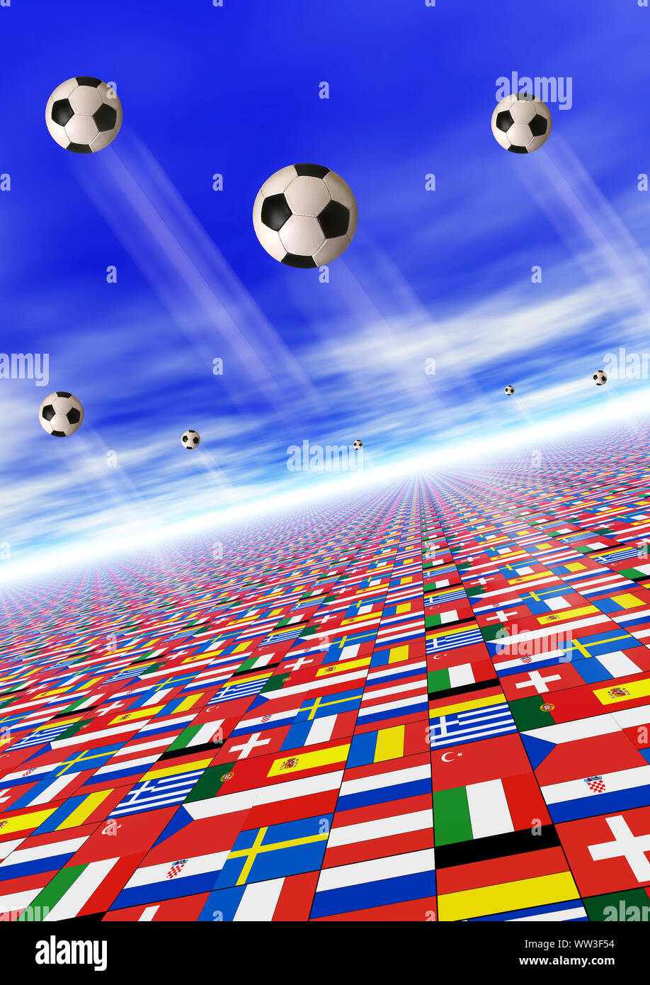 Exploding Flags Euros Football football balls flying over European flags as concept for soccer in ...