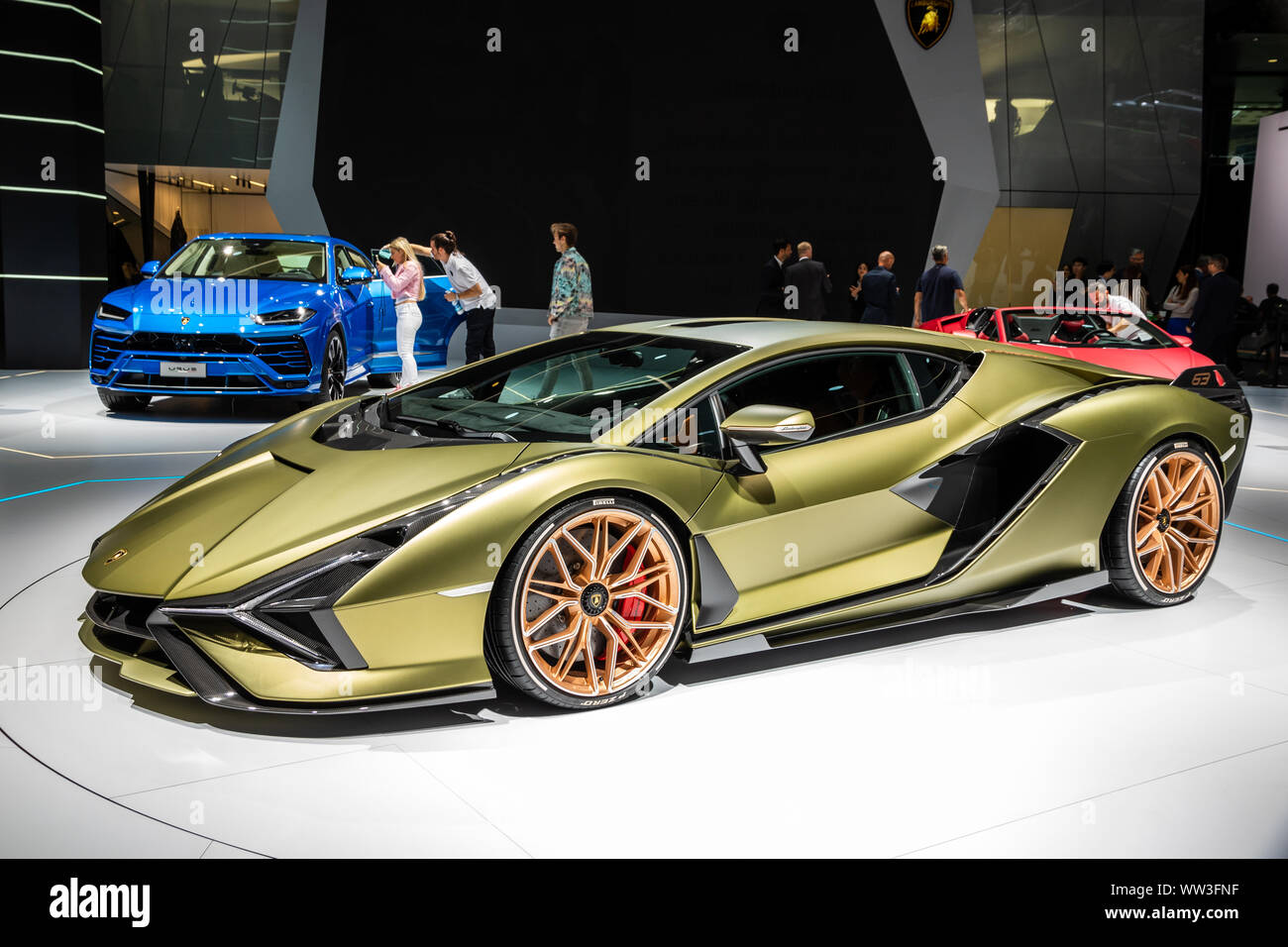 FRANKFURT, GERMANY - SEP 11, 2019: Lamborghini Sian FKP 37 sports car unveiled at the Frankfurt IAA Motor Show 2019. Stock Photo