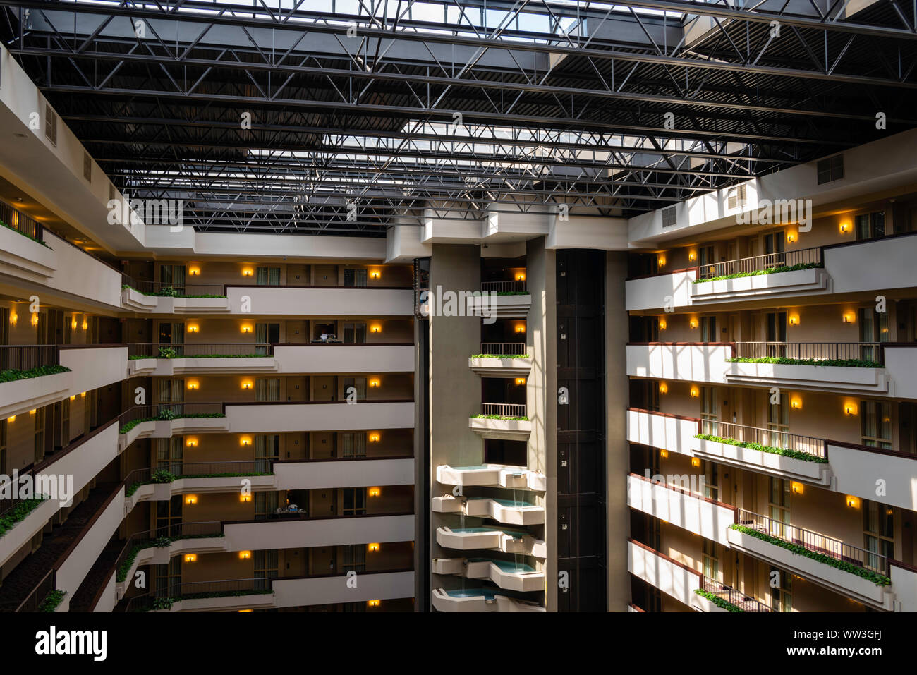 Interior photograph of a hotel. Embassy Suites by Hilton, Des Moines, Iowa, USA. No property