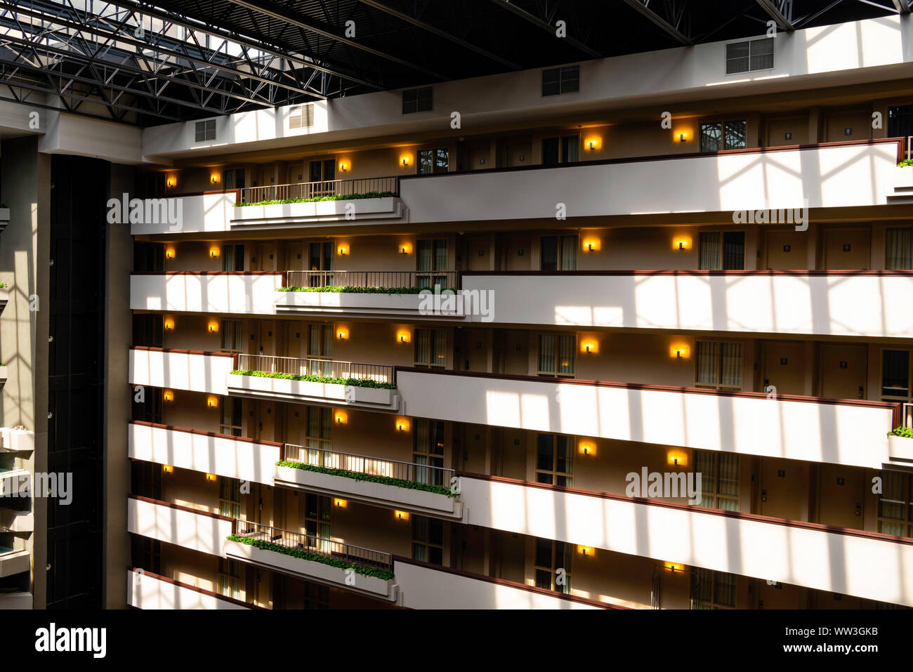 Interior photograph of a hotel. Embassy Suites by Hilton, Des Moines, Iowa, USA. No property