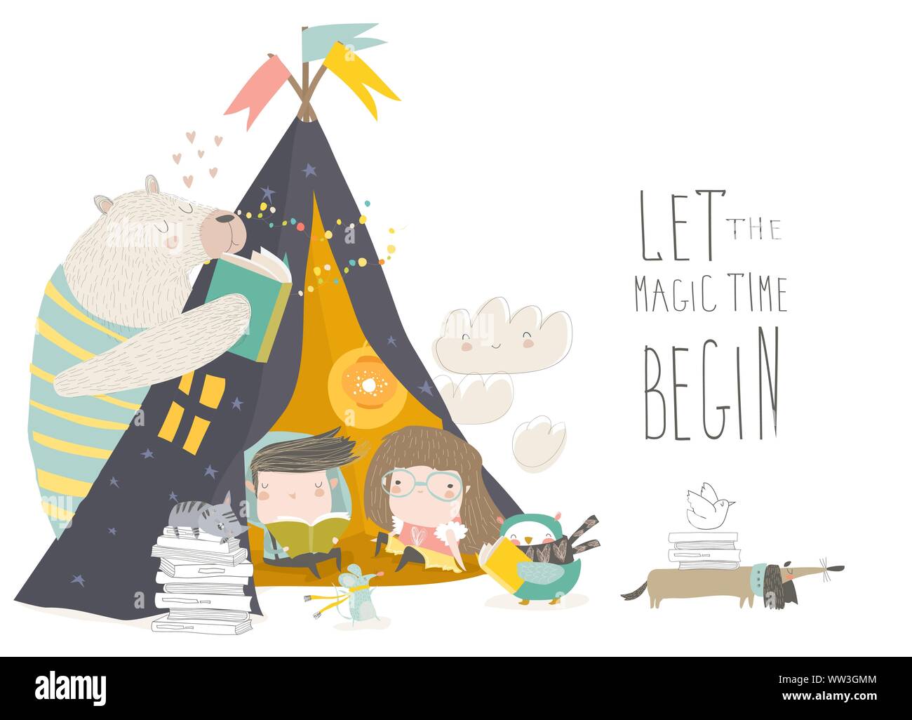 Kids reading book with animals in a teepee tent Stock Vector