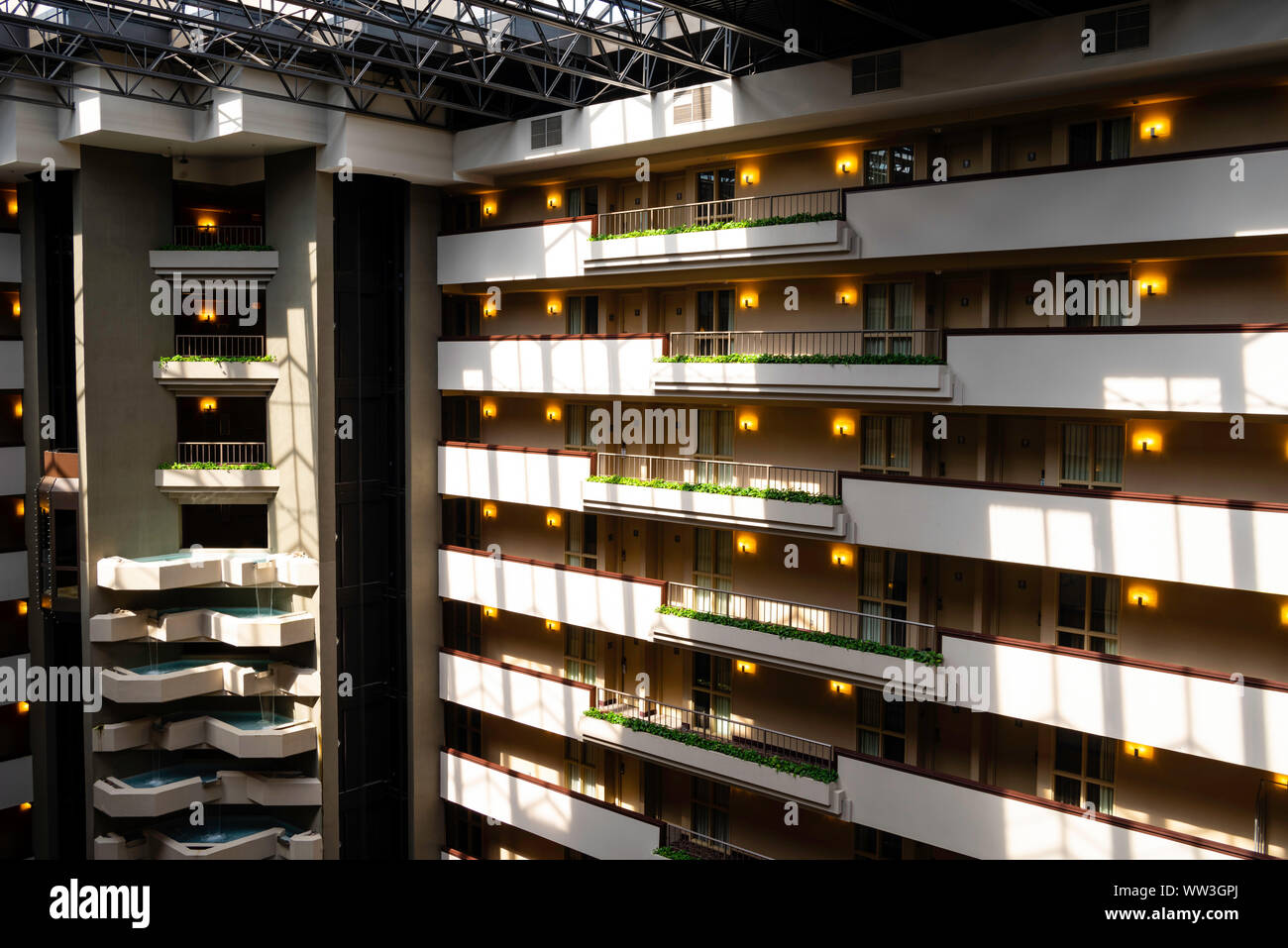 Interior photograph of a hotel. Embassy Suites by Hilton, Des Moines, Iowa, USA. No property