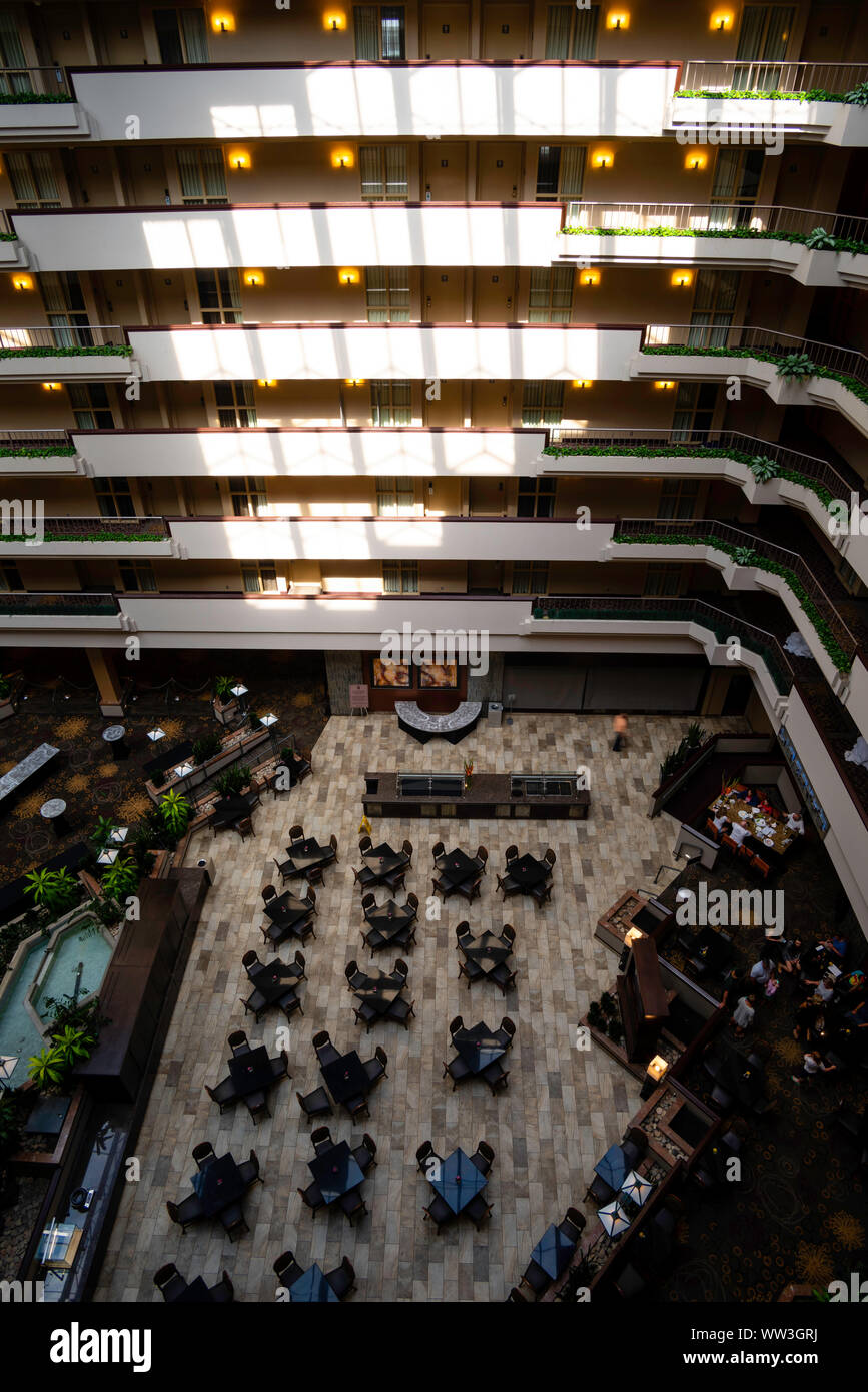 Interior photograph of a hotel. Embassy Suites by Hilton, Des Moines, Iowa, USA. No property