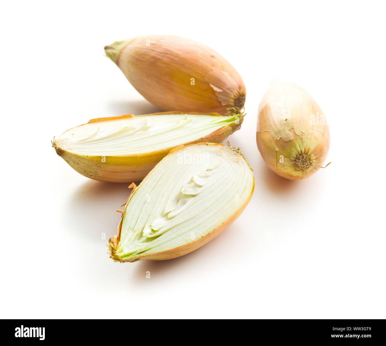 The golden shallot onion. Halved fresh bulbs isolated on white