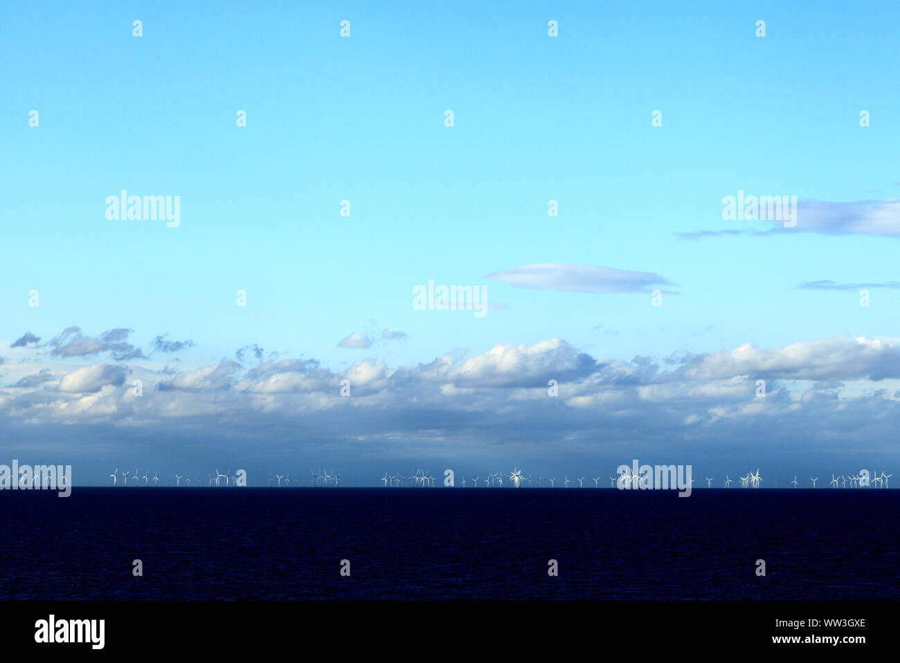 Wind Farm, marine, off Skegness, Turbines, North Sea, The Wash, viewed from Hunstanton, Norfolk, England Stock Photo