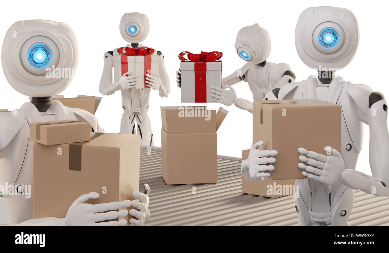autonomous robot packs presents in boxes 3d-illustration Stock Photo ...