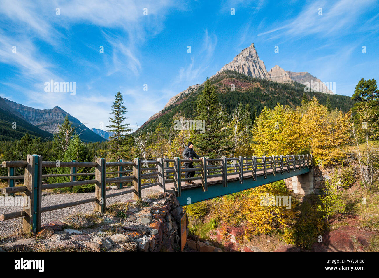 Bridge, Red Rock Canyon, Waterton Lakes National Park, Alberta Stock Photo