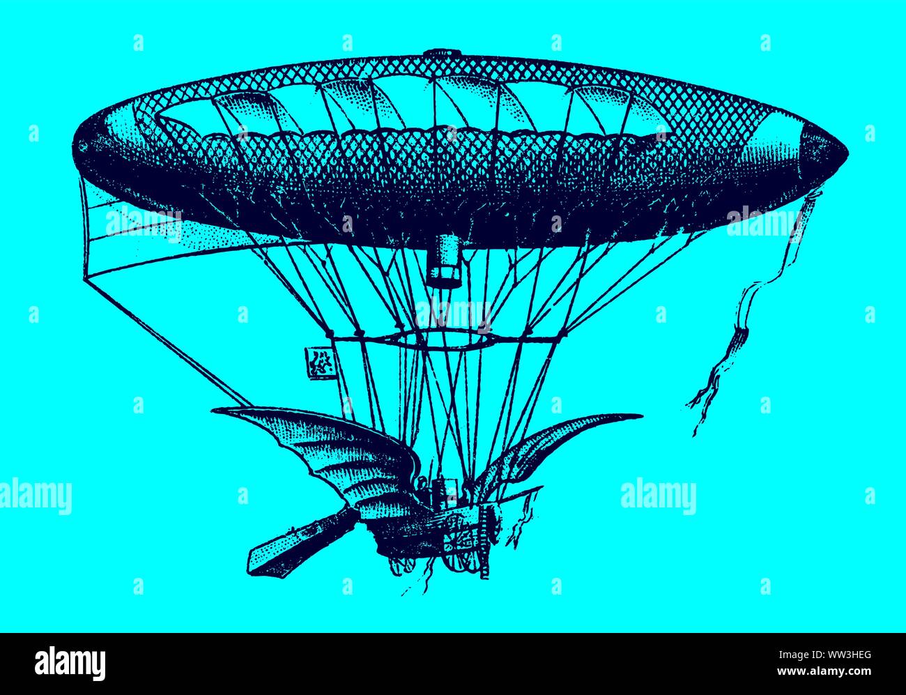 Historic flying airship with stearing device and two wings in front of a blue background. Illustration after a wood engraving from the 19th century Stock Vector