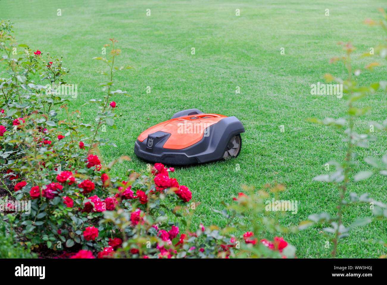 Walbrzych. Poland - september 8 2019: Automatic robotic lawnmower on green grass Stock Photo