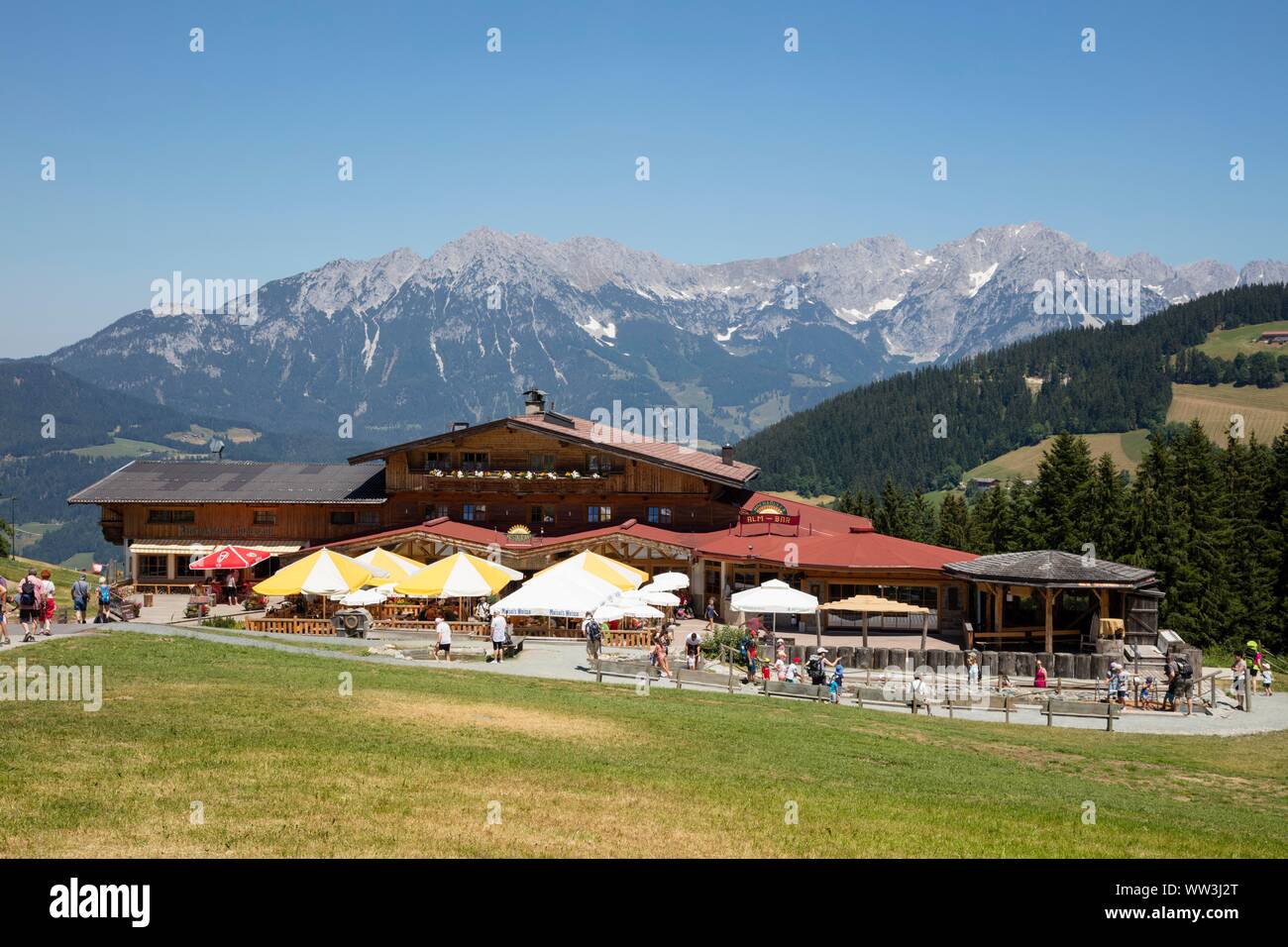 Alm Hochsoll, Hexenwasser Soll, behind Kaiser Mountains, Alps, Tyrol, Austria Stock Photo
