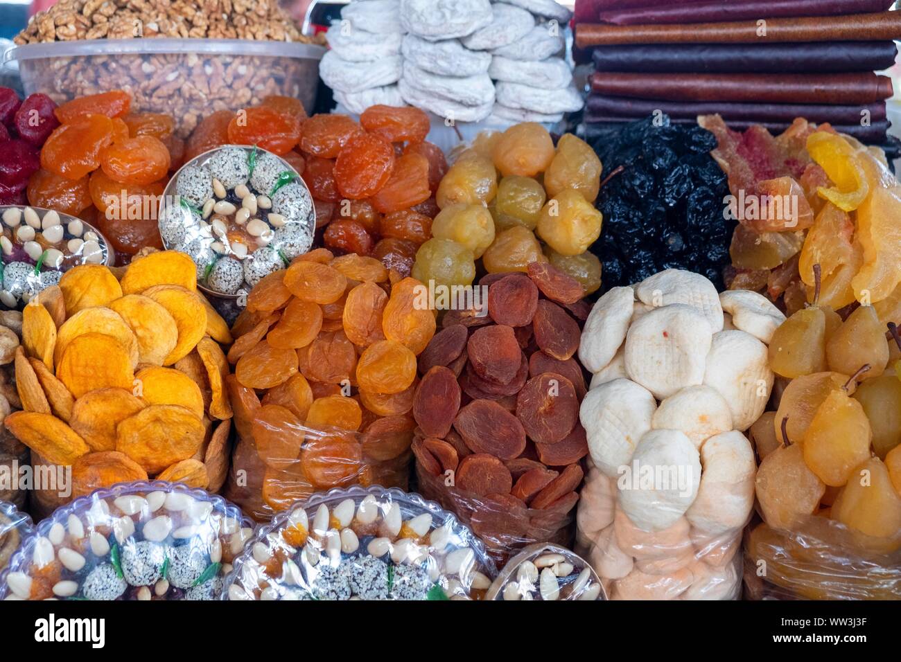 Candied fruit, dried fruit, market hall, Yerevan, Armenia Stock Photo