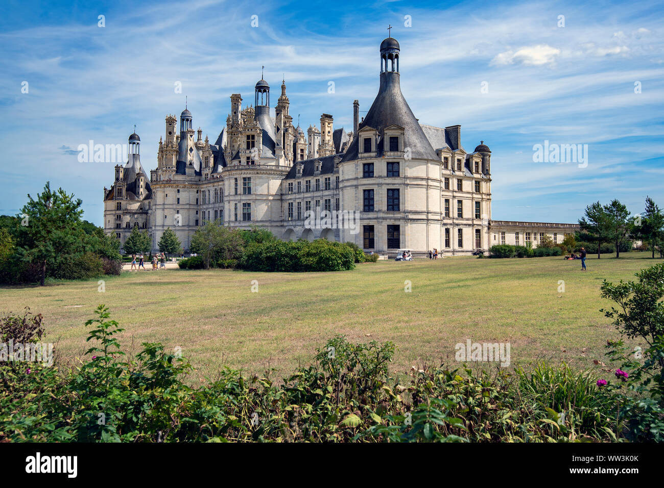 Front and side face of Chambord Castle in France Stock Photo