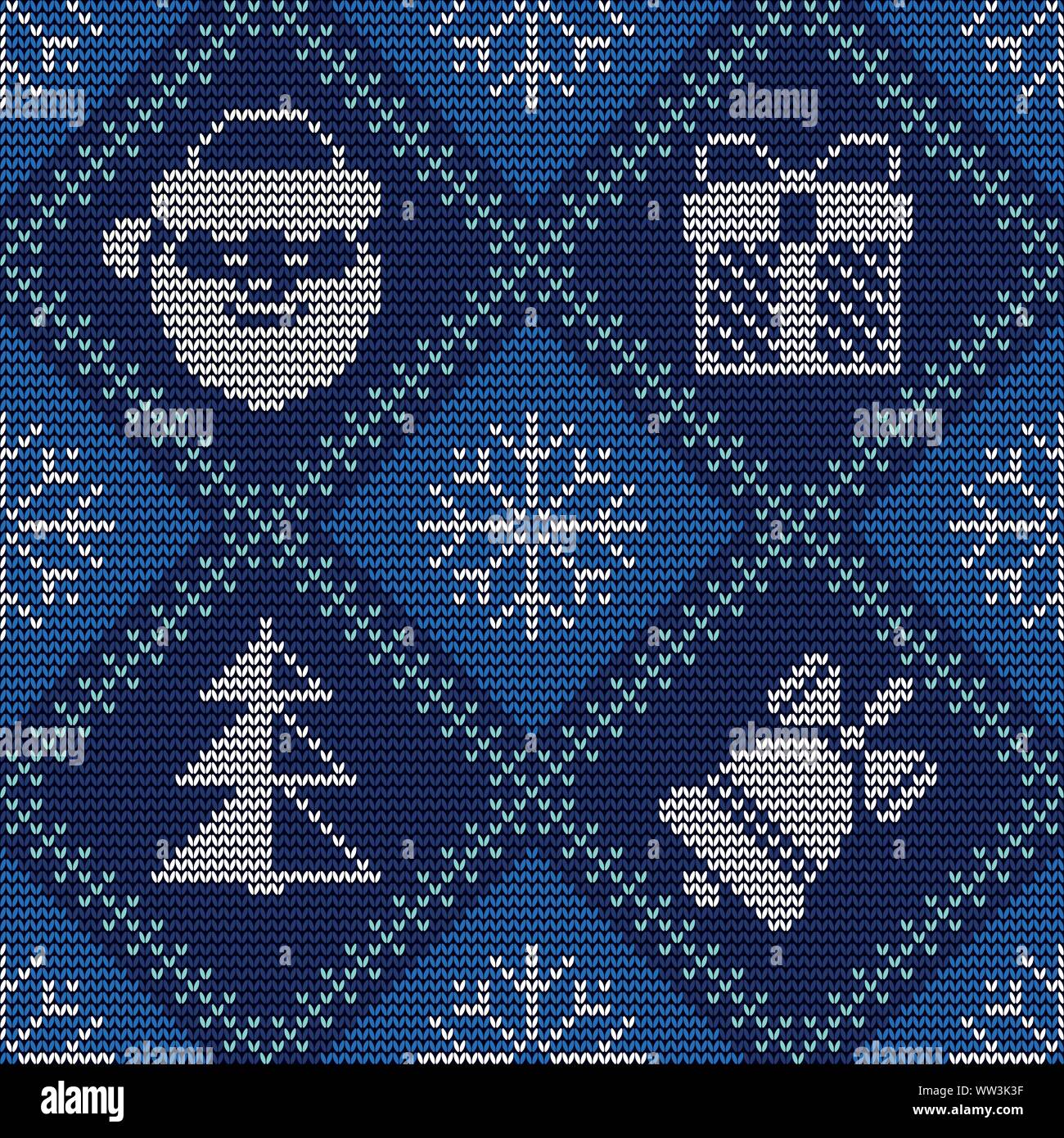 Christmas knitted seamless pattern on blue knitted texture. Good for wrapping. All elements are on separate layers. Easy to edit color of all elements. Stock Vector