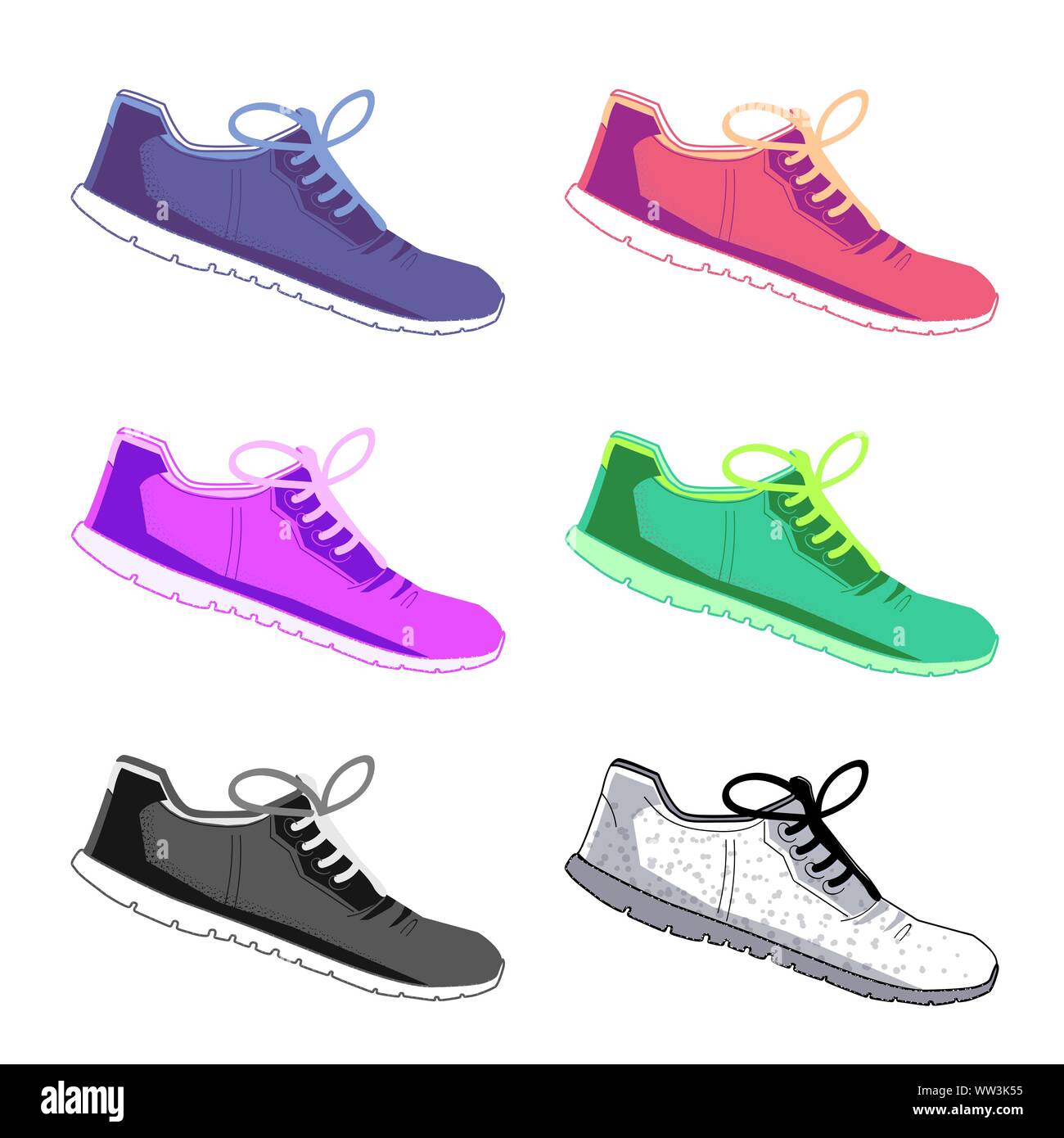 Sports shoes vector set. Fashion sportwear, everyday sneaker, footwear clothing illustration on isolated background Stock Vector