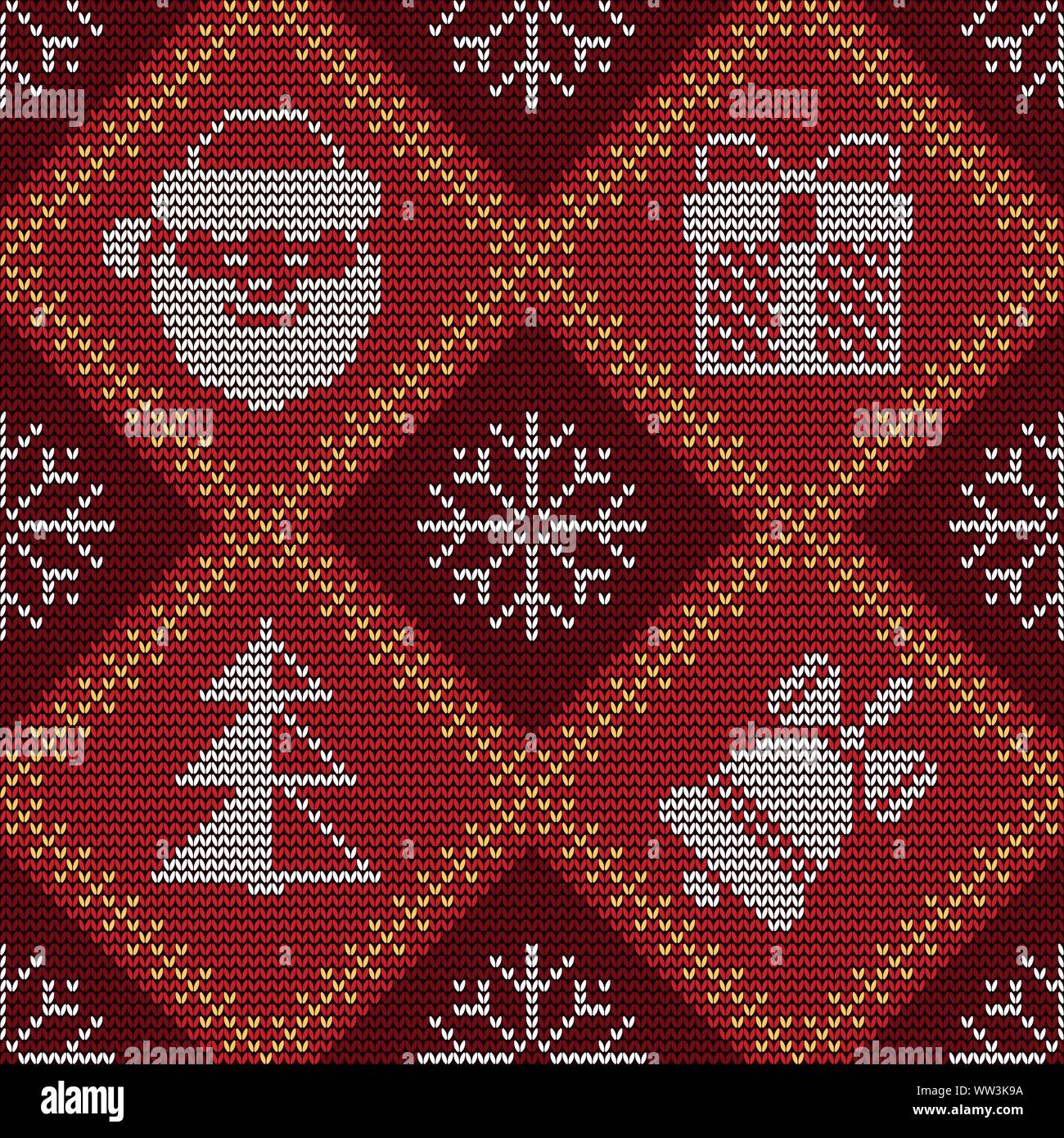 Christmas knitted seamless pattern on red knitted texture. Good for wrapping. All elements are on separate layers. Easy to edit color of all elements. Stock Vector