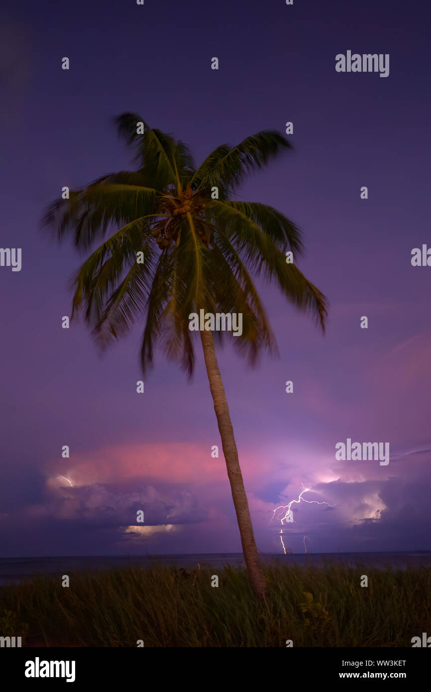 Lightning strikes offshore during a night thunderstorm at Fort Lauderdale Beach. Stock Photo